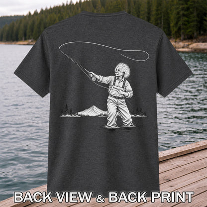 Vintage Fly Fisherman Mountain Lake Fishing Graphic T-Shirt | Back Print