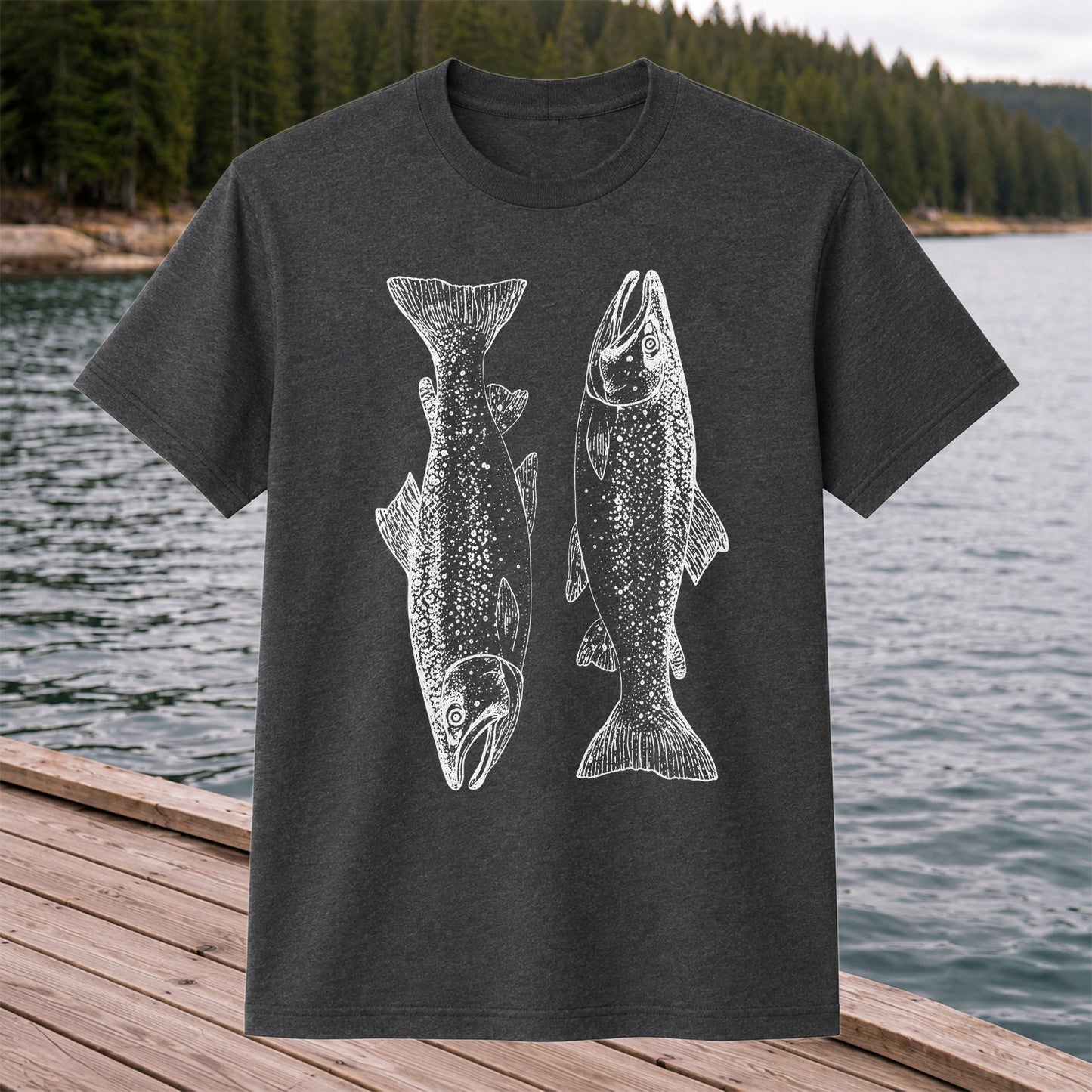 Two Salmon Vintage Line Art Fishing Graphic T-Shirt