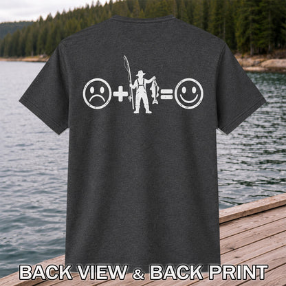 Fishing Turns Sad Face Into Happy Face Graphic T-Shirt | Back Print