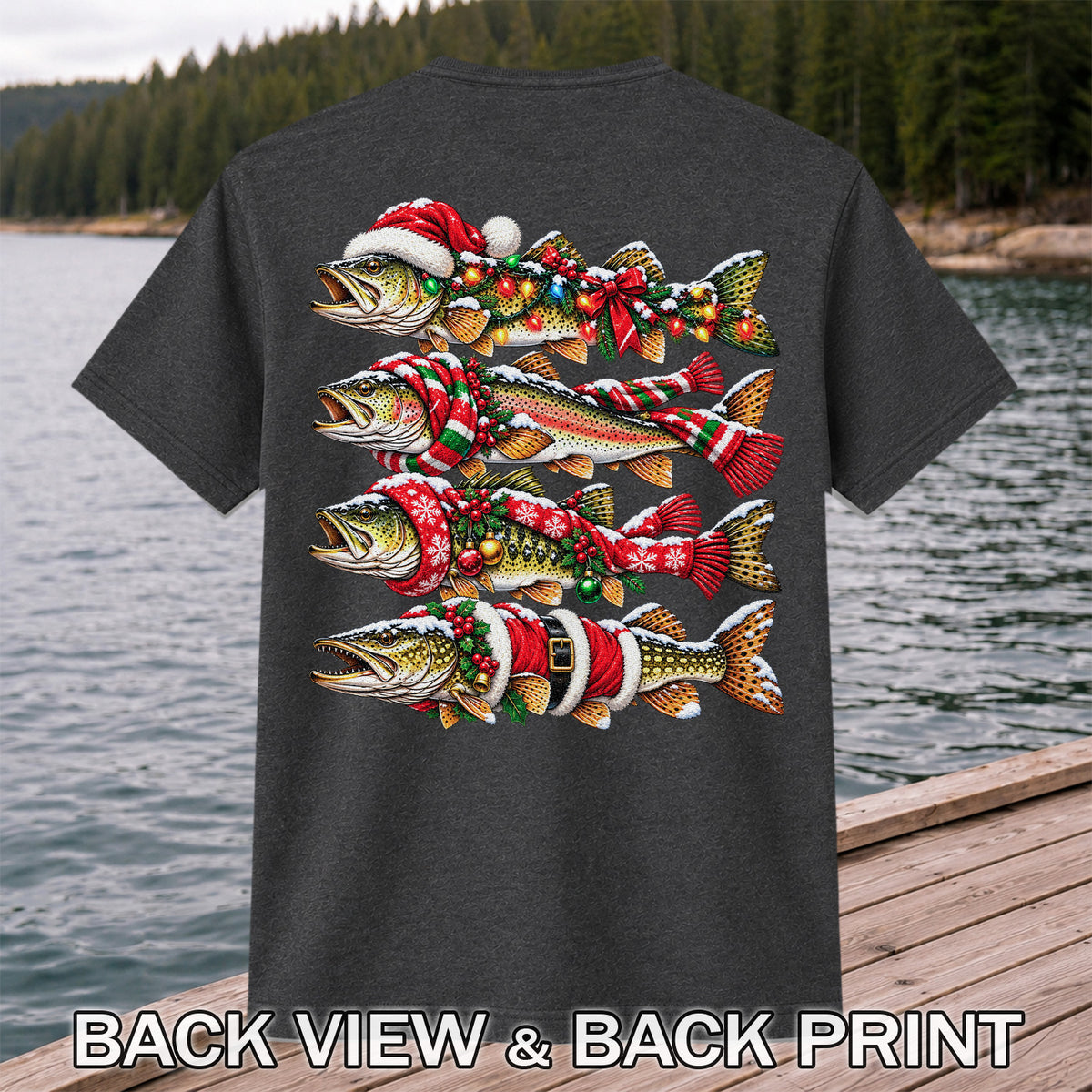 Christmas Trout Fishing Holiday Graphic T-Shirt | Back Print
