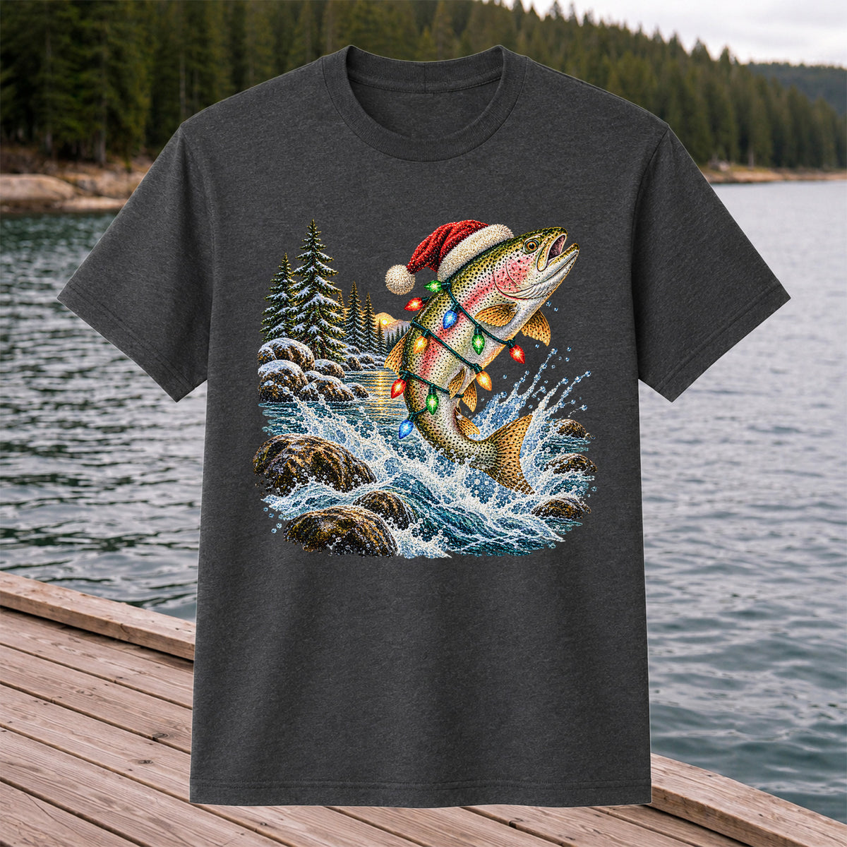 Santa Hat Rainbow Trout Christmas Fishing Graphic T-Shirt