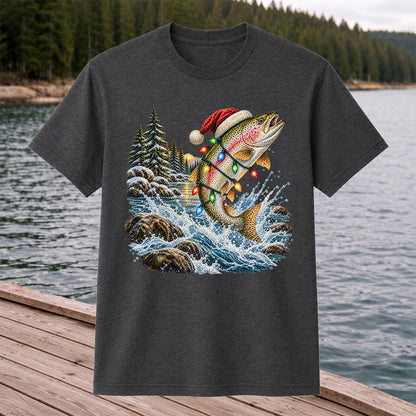 Santa Hat Rainbow Trout Christmas Fishing Graphic T-Shirt