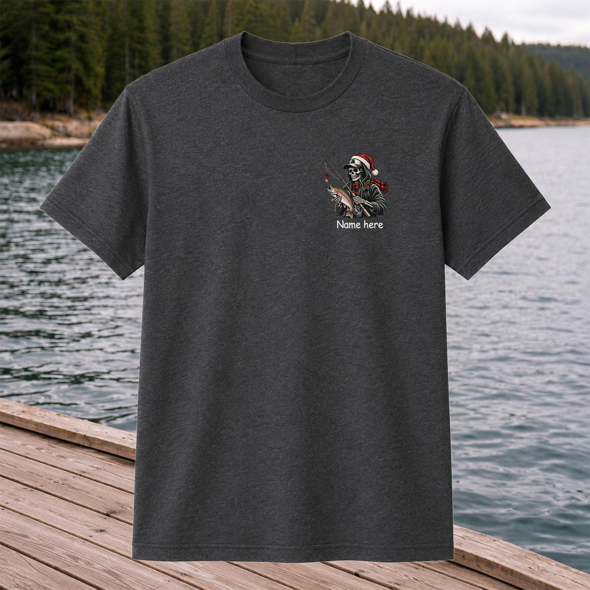 Name Here Personalized Christmas Skeleton Trout Fishing T-Shirt