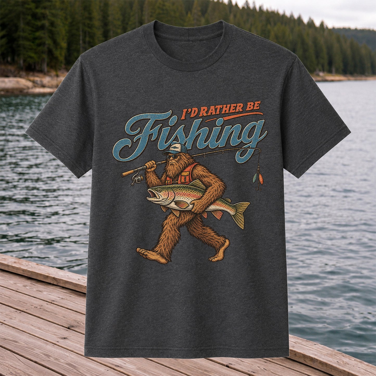 I'd Rather Be Fishing Bigfoot Trout Graphic T-Shirt