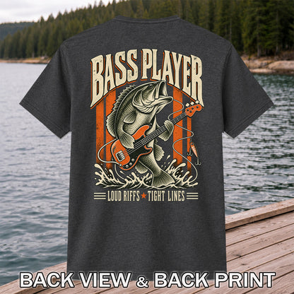 Bass Playing Guitar Vintage Fishing Graphic T-Shirt | Back Print
