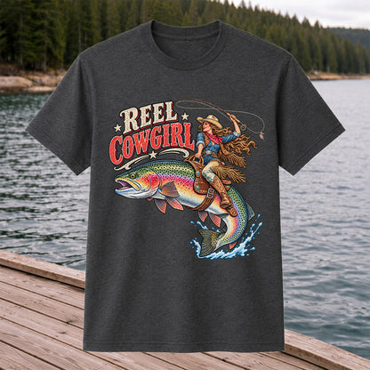 Reel Cowgirl Riding a Rainbow Trout Fly Fishing T-Shirt