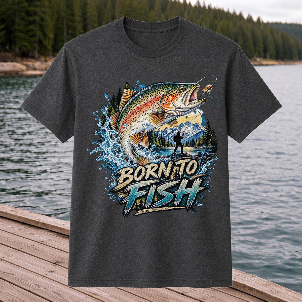 Born to Fish Rainbow Trout Fly Fishing Graphic T-Shirt