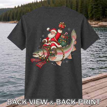 Santa Riding a Festive Rainbow Trout Christmas Fishing Graphic T-Shirt | Back Print