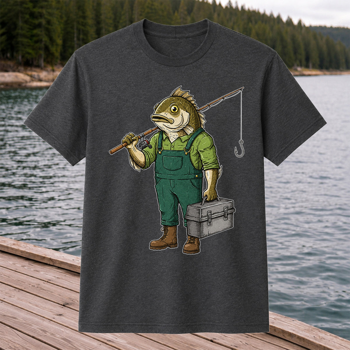 Funny Bass Fisherman Carrying Tackle Box Graphic T-Shirt
