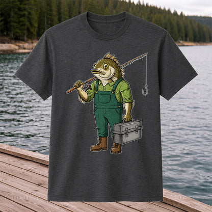 Funny Bass Fisherman Carrying Tackle Box Graphic T-Shirt