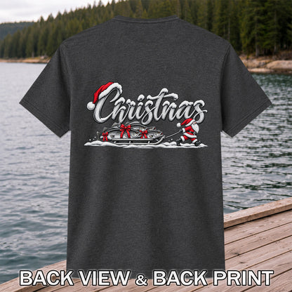 Christmas Santa Pulling Trout Fishing Sled Graphic T-Shirt | Back Print