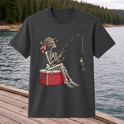 Skeleton Woman Fishing on a Cooler with Fish Bones Graphic T-Shirt
