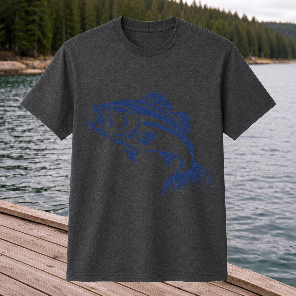 Blue Bass Fishing Line Art Graphic T-Shirt