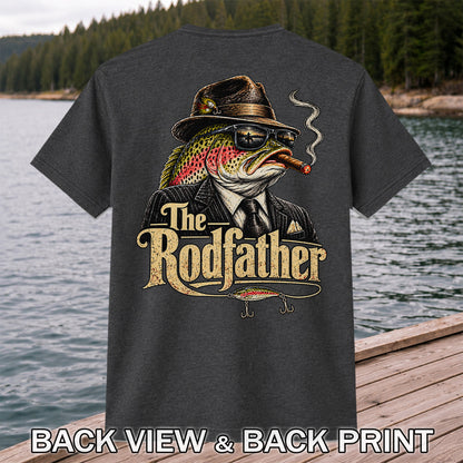 The Rodfather Rainbow Trout Gangster Funny Fishing T-Shirt | Back Print