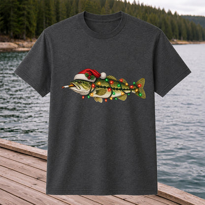 Christmas Bass Fishing Lights and Santa Hat Graphic T-Shirt