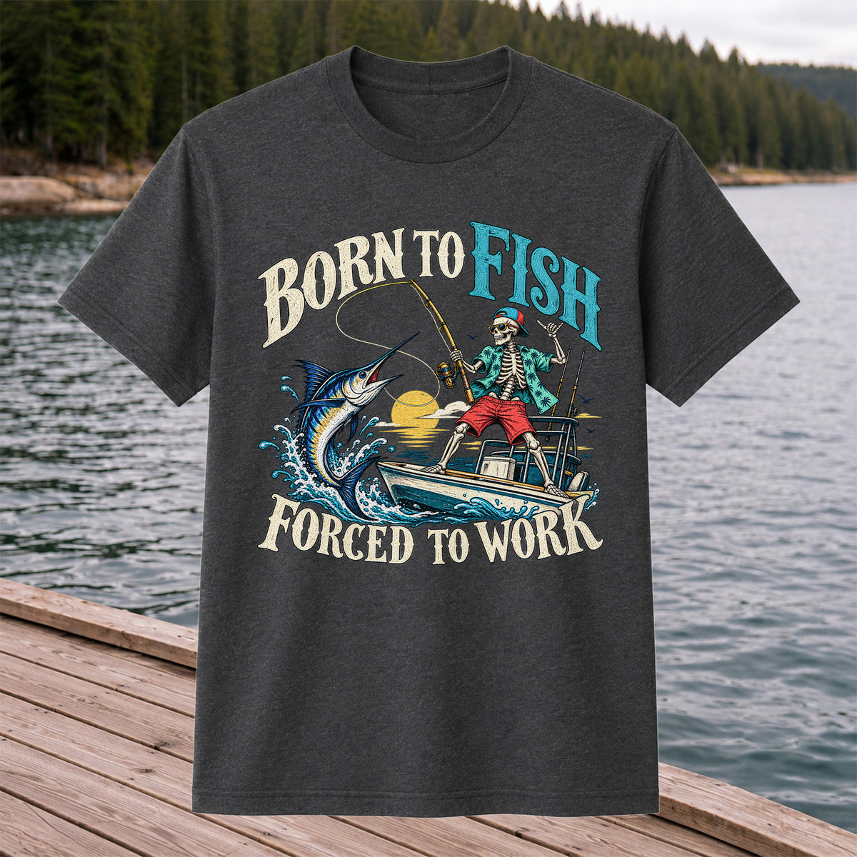 Skeleton Marlin Fishing Boat Graphic T-Shirt