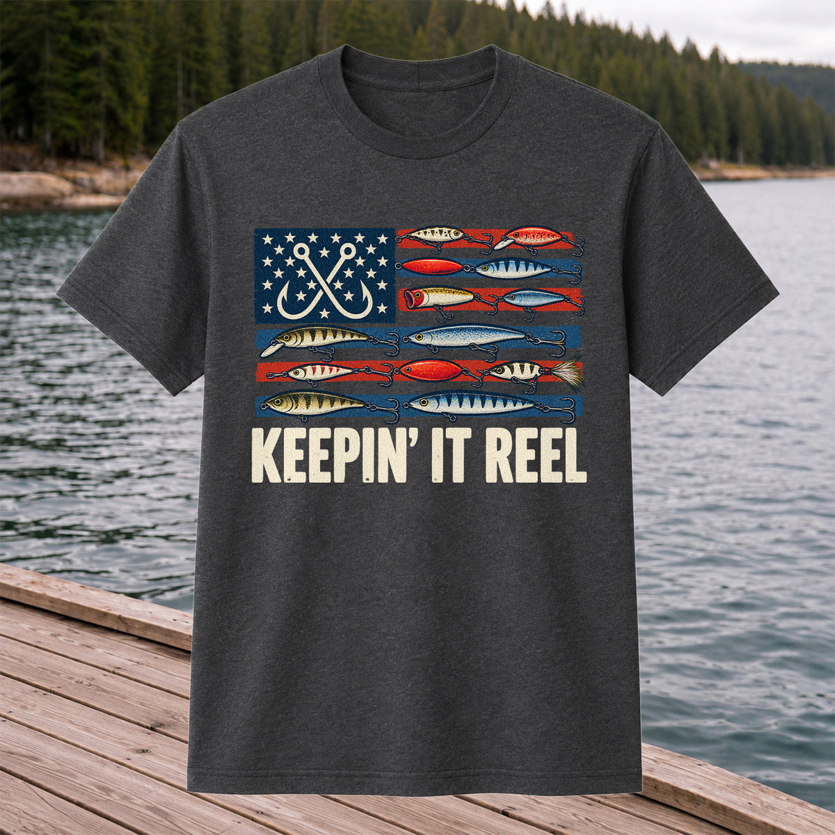 Keepin' It Reel American Flag Fishing Lures Graphic T-Shirt