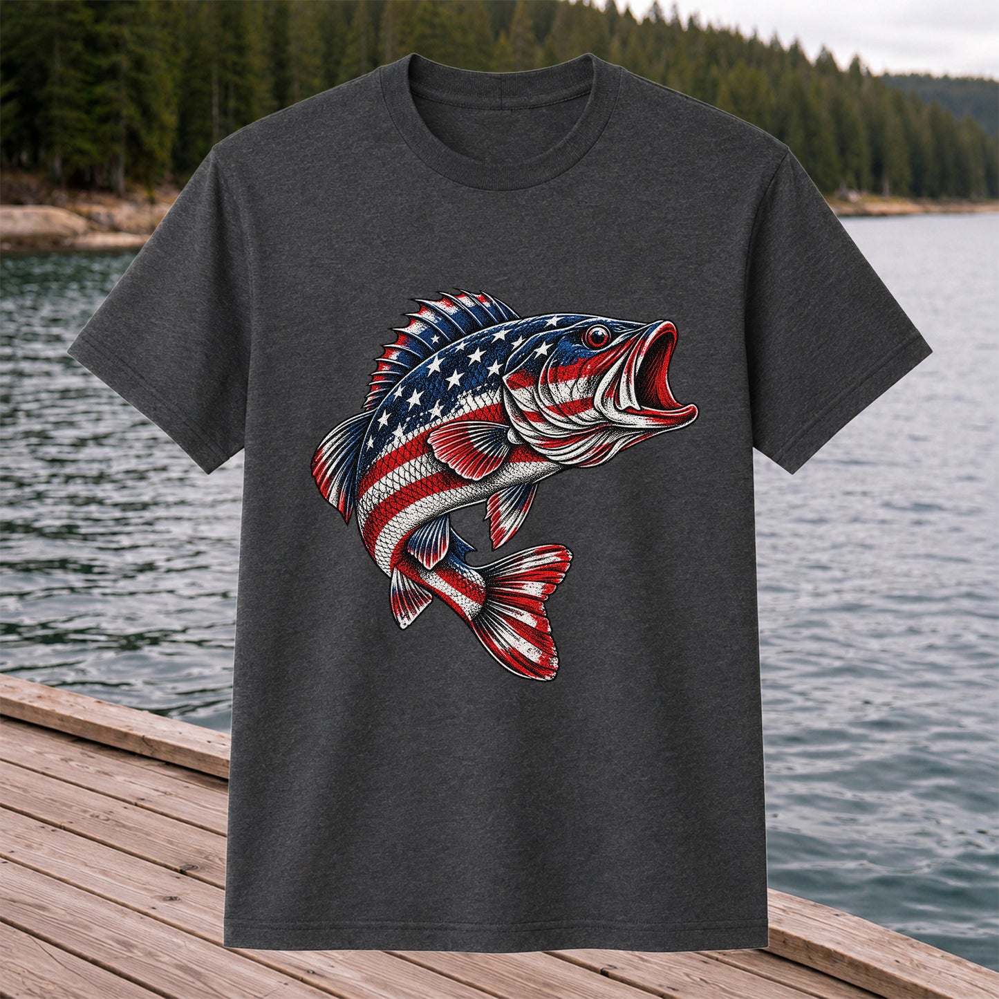 American Flag Largemouth Bass Patriotic Fishing Graphic T-Shirt