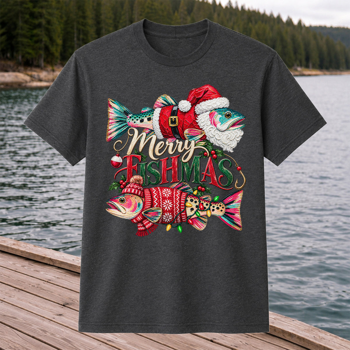 Merry Fishmas Santa Fish Christmas Fishing Graphic T-Shirt