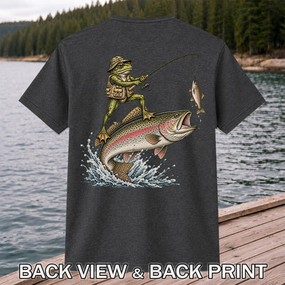 Frog Angler Riding a Rainbow Trout Fishing Graphic T-Shirt | Back Print