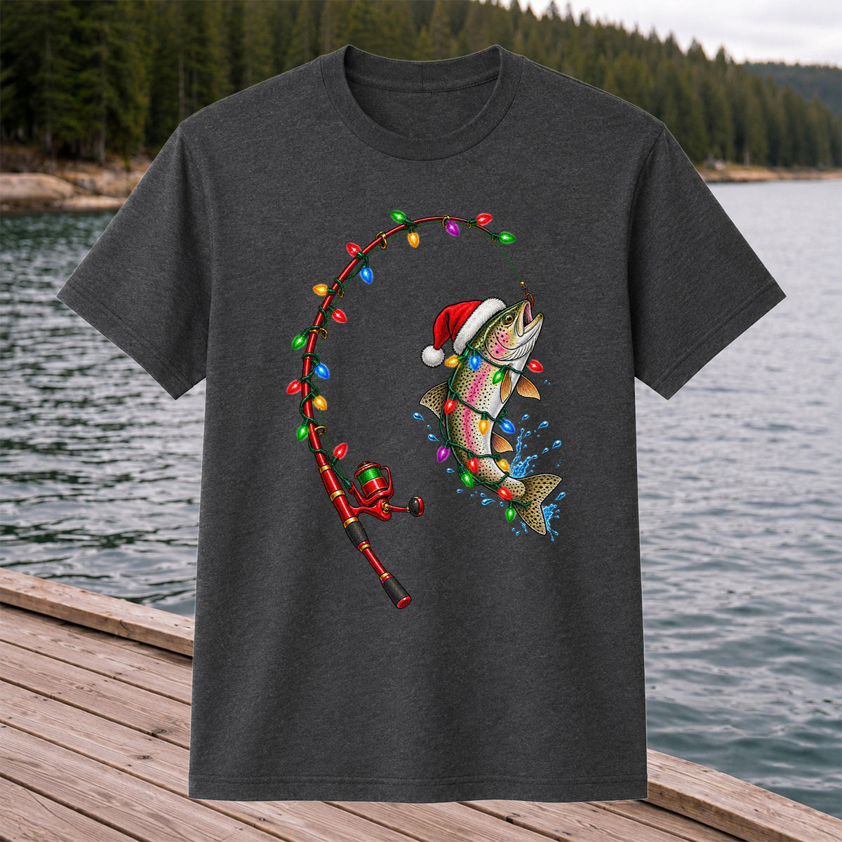 Christmas Rainbow Trout with Santa Hat and Lights Fishing T-Shirt