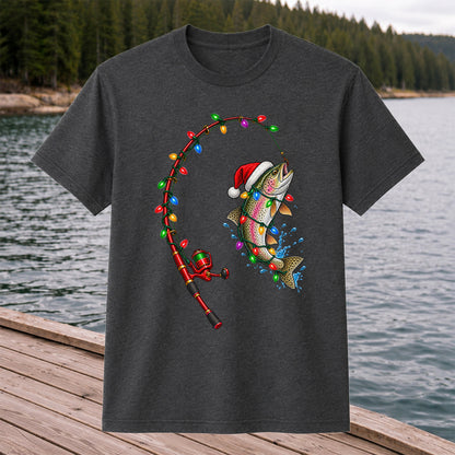 Christmas Rainbow Trout with Santa Hat and Lights Fishing T-Shirt