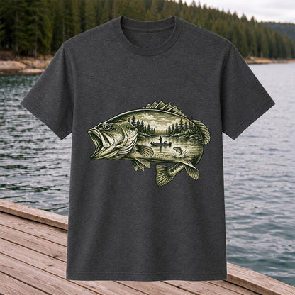 Vintage Bass Lake Fishing Scene Graphic T-Shirt