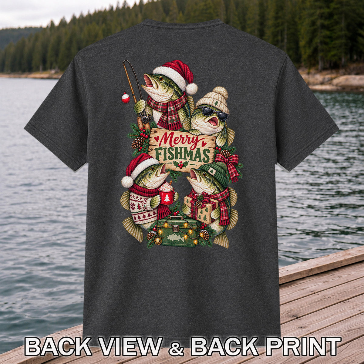 Merry Fishmas Bass Christmas Fishing Graphic T-Shirt | Back Print