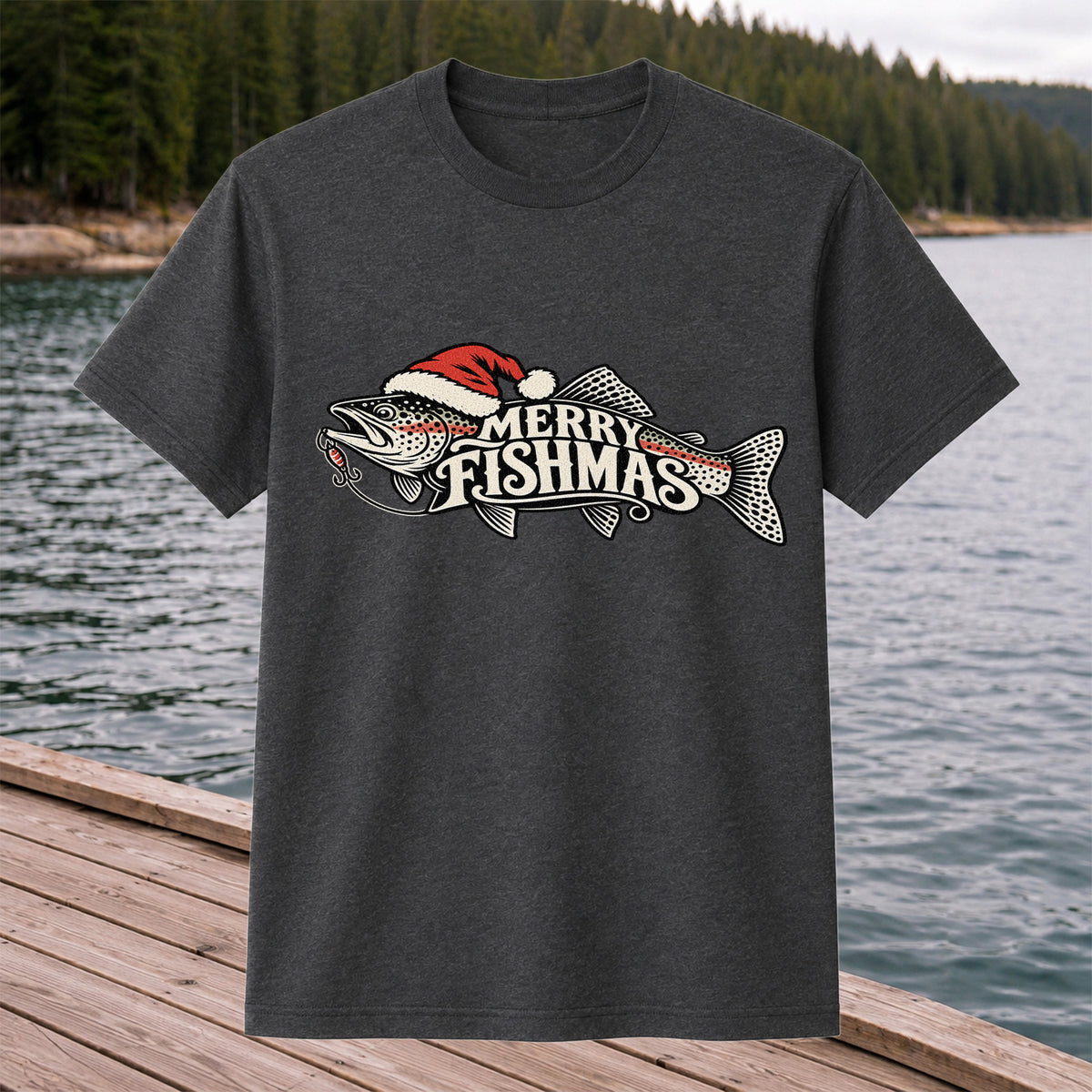 Merry Fishmas Rainbow Trout with Red Santa Hat and Lure Fishing T-Shirt