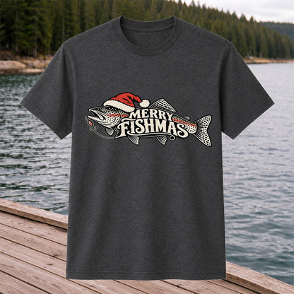Merry Fishmas Rainbow Trout with Red Santa Hat and Lure Fishing T-Shirt