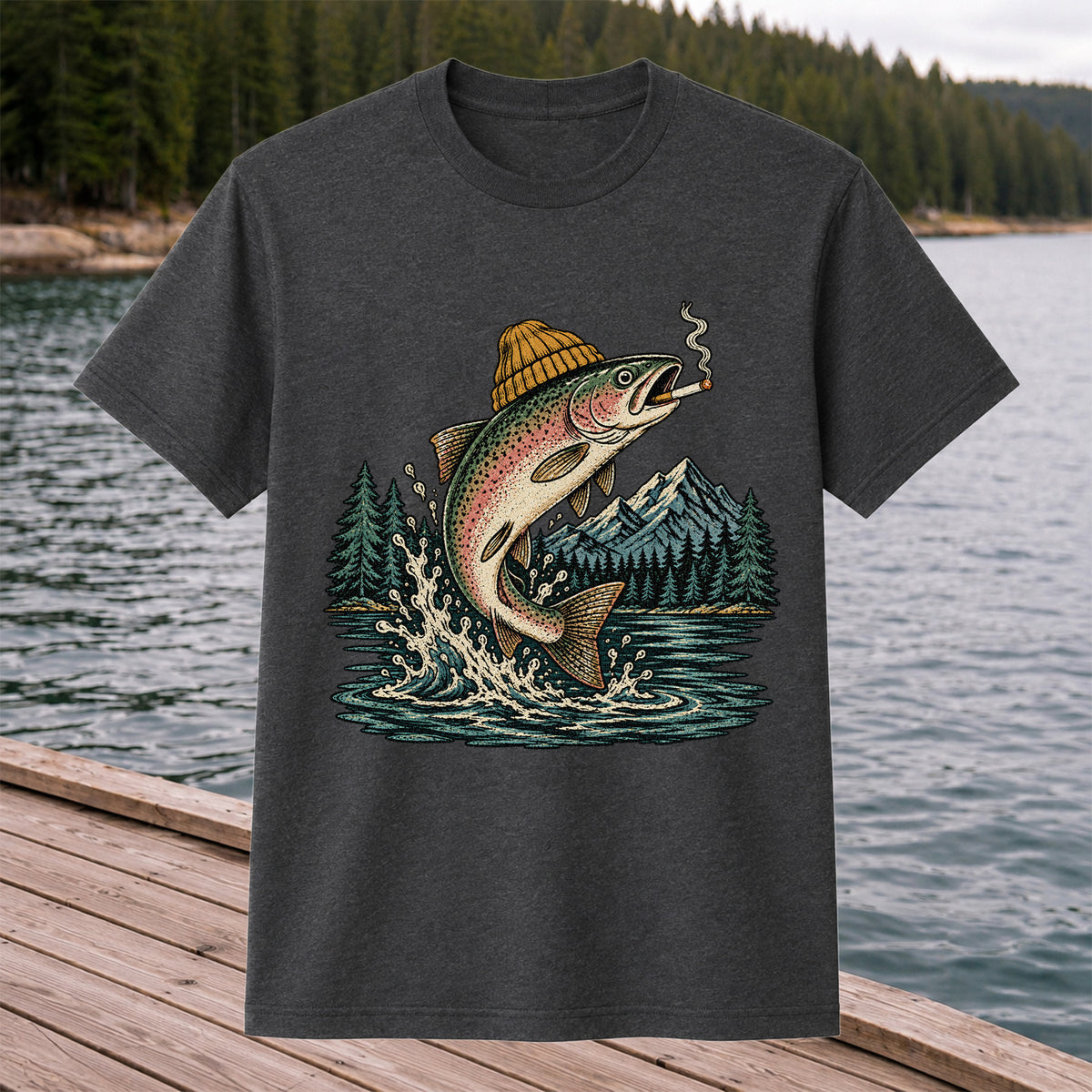 Rainbow Trout in Beanie Smoking and Jumping from Lake Graphic T-Shirt