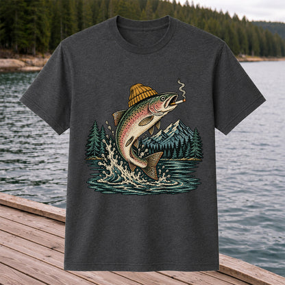 Rainbow Trout in Beanie Smoking and Jumping from Lake Graphic T-Shirt
