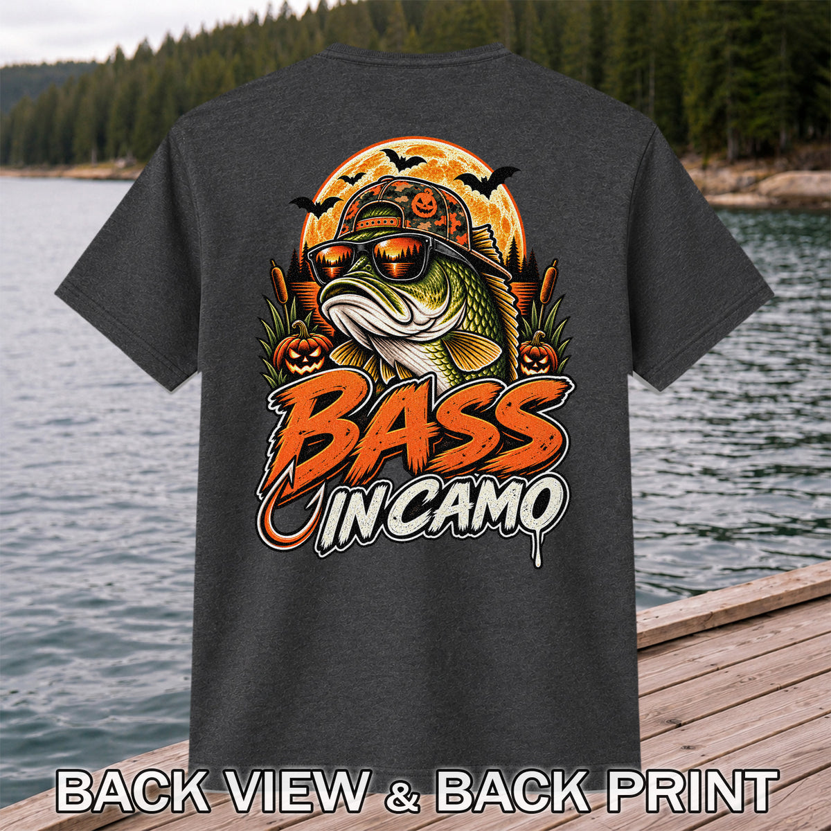 Bass in Camo Halloween Bass Fishing Graphic T-Shirt | Back Print