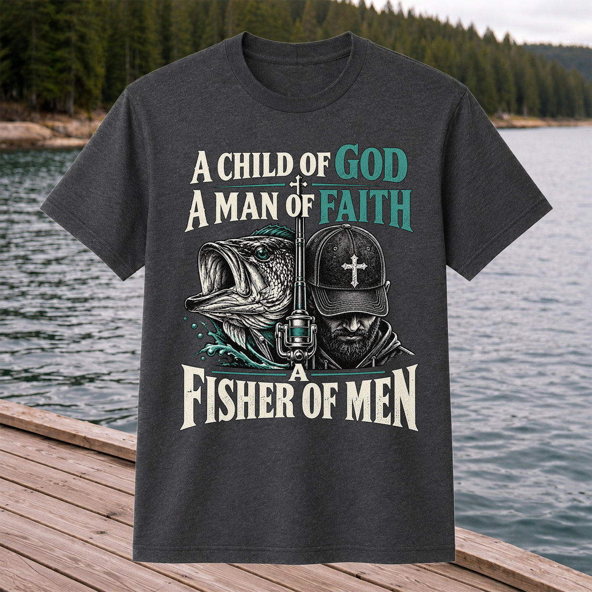 A Child of God A Man of Faith A Fisher of Men Bass Fishing T-Shirt
