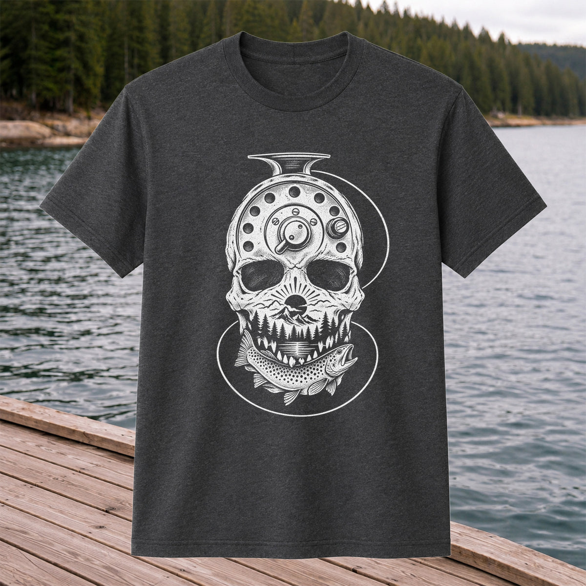 Trout and Fly Fishing Reel Skull Mountain Graphic T-Shirt