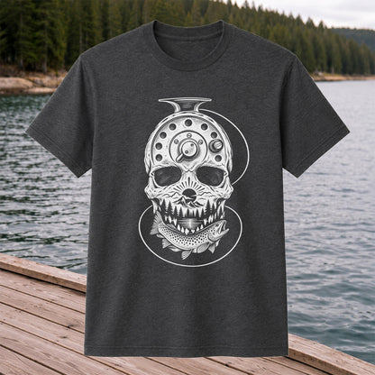 Trout and Fly Fishing Reel Skull Mountain Graphic T-Shirt