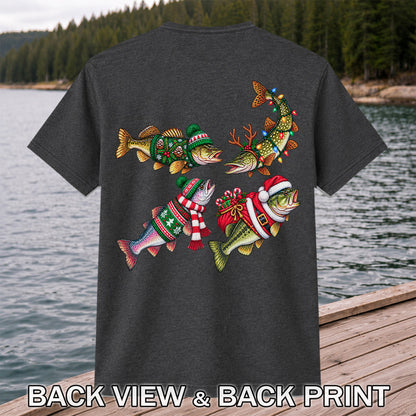 Festive Christmas Fish Wearing Holiday Sweaters Fishing T-Shirt | Back Print