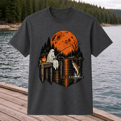 Ghost Fishing for Rainbow Trout Under an Orange Moon Halloween T-Shirt