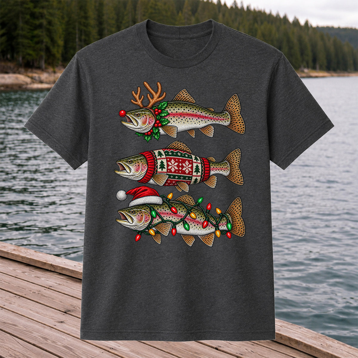 Christmas Trout Antlers Sweater and Lights Fishing T-Shirt