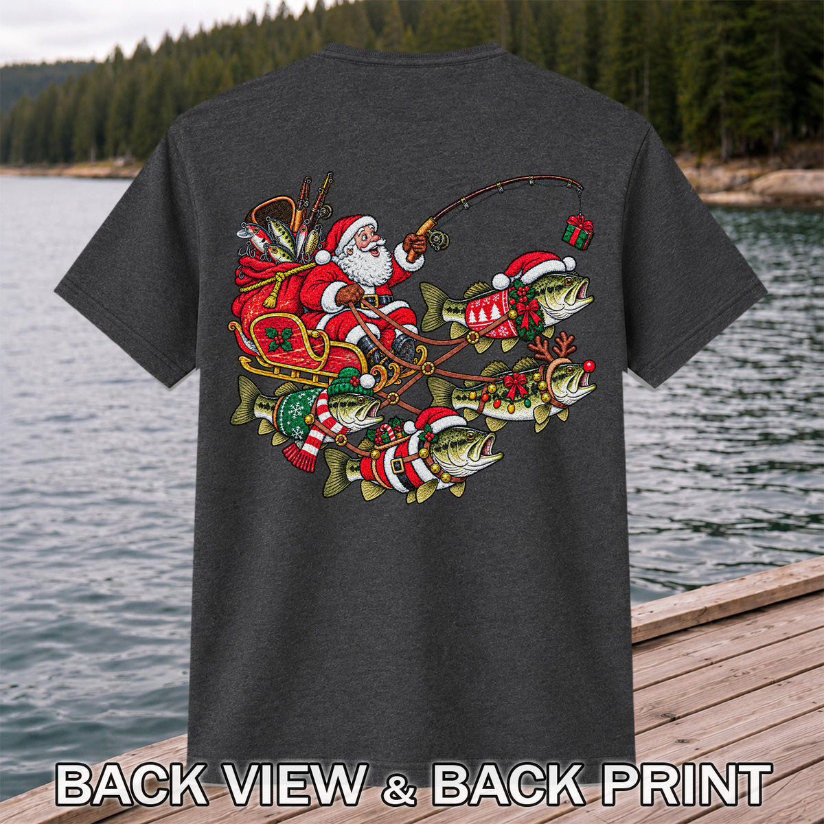 Santa Pulling Festive Bass Fishing Graphic T-Shirt | Back Print