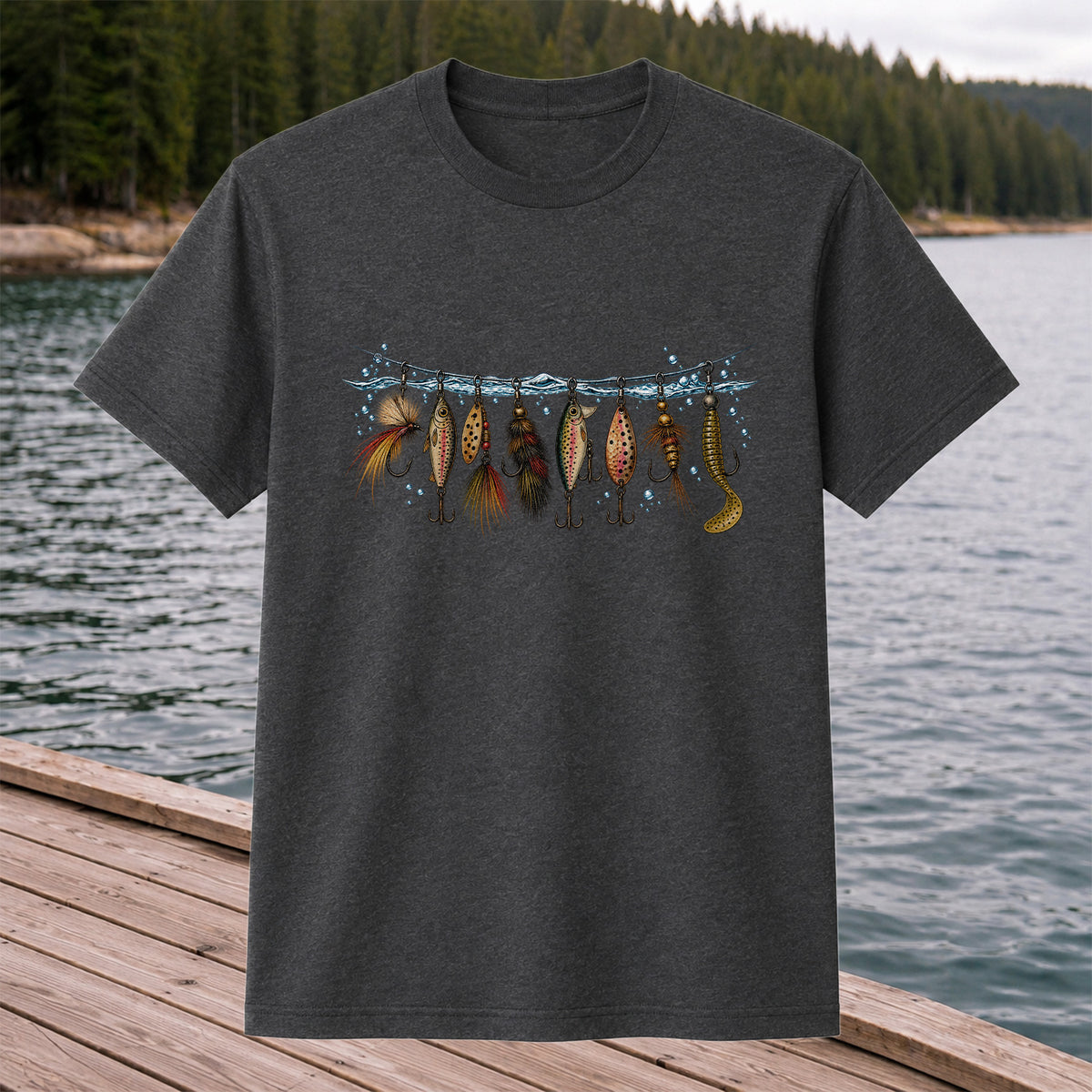 Vintage Fishing Lures Hanging from a Waterline Graphic T-Shirt