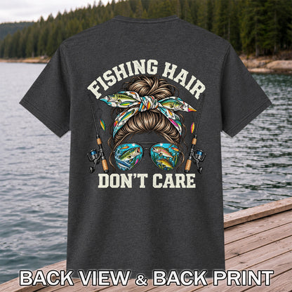 Fishing Hair Don't Care Messy Bun and Sunglasses T-Shirt | Back Print