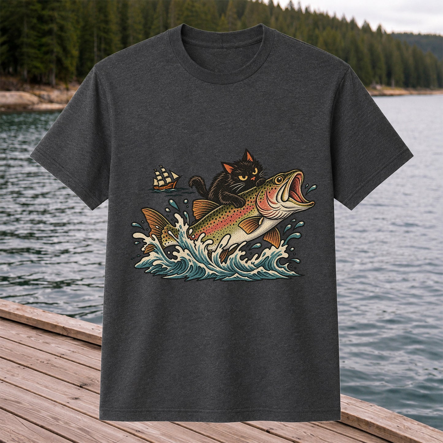 Black Cat Riding a Trout Ocean Wave Fishing Graphic T-Shirt