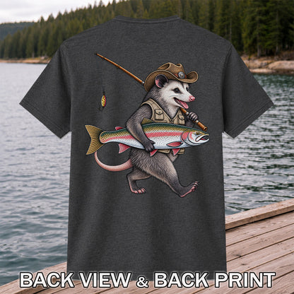 Cowboy Opossum Holding Rainbow Trout Fishing Graphic T-Shirt | Back Print