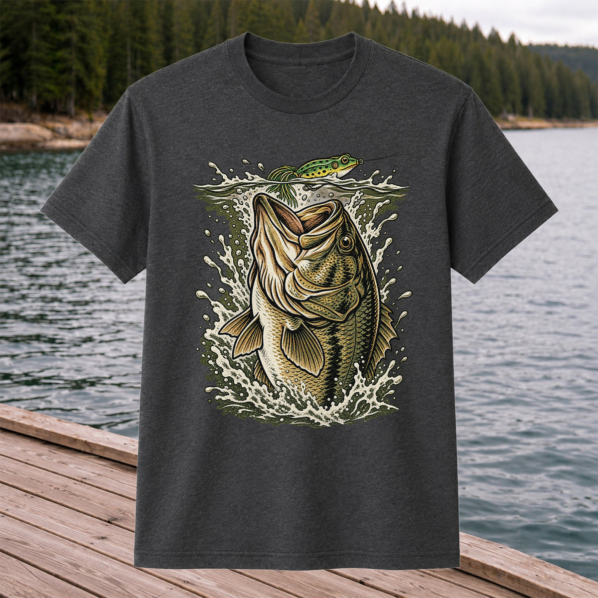Largemouth Bass Striking a Frog Lure Fishing Graphic T-Shirt