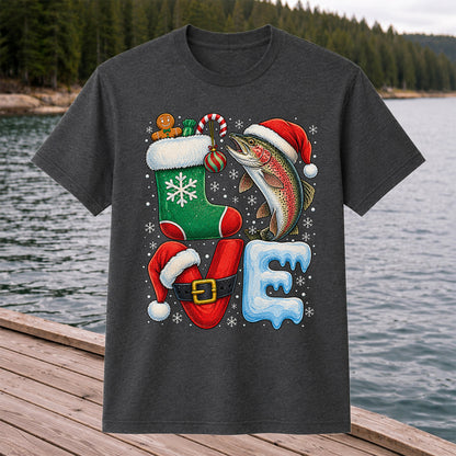 Christmas LOVE Rainbow Trout and Stocking Fishing Graphic T-Shirt