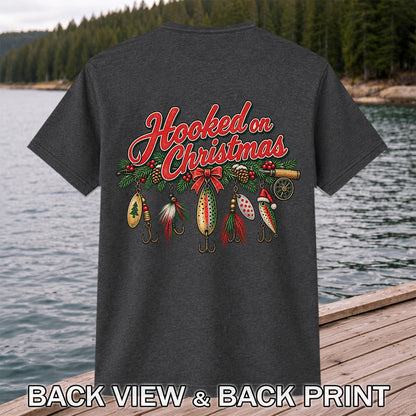 Hooked on Christmas Fishing Lure Ornaments Graphic T-Shirt | Back Print