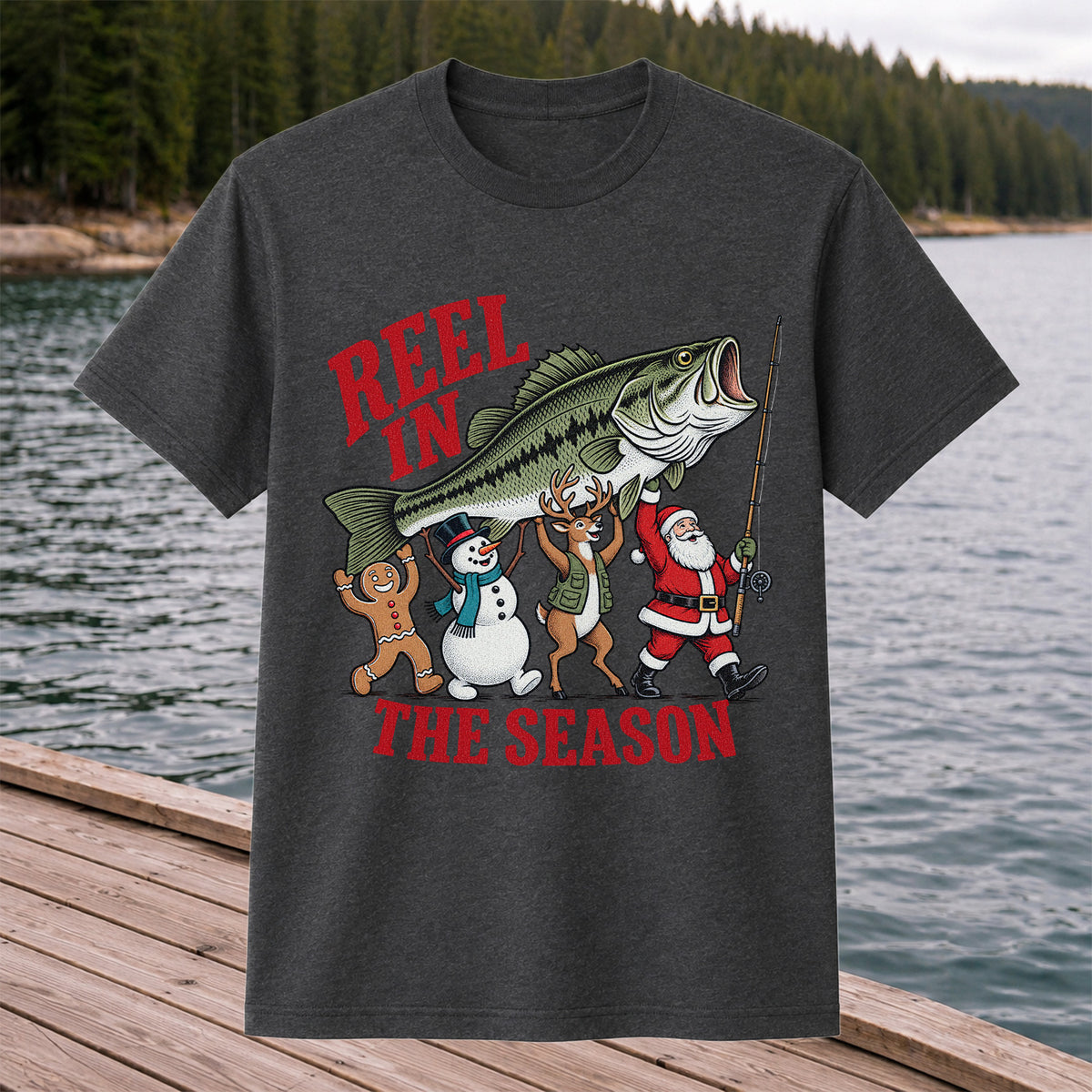 Reel in the Season Bass Christmas Fishing Graphic T-Shirt