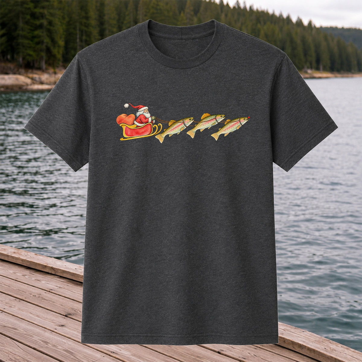 Santa Sleigh Pulling Rainbow Trout Fishing Graphic T-Shirt