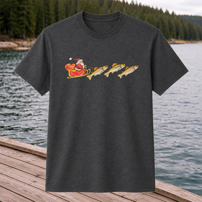 Santa Sleigh Pulling Rainbow Trout Fishing Graphic T-Shirt